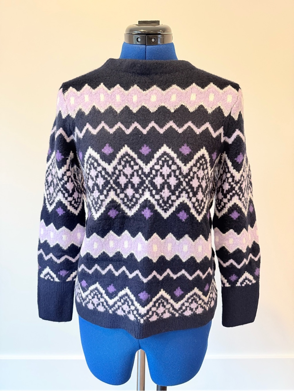 Talbots Black Sweater with Purple and Indigo Fair Isle Pattern